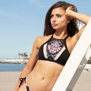 THRIVE Black Neon Multi Aztec Laser Cut Thalia High Halterneck Bikini Top NEW